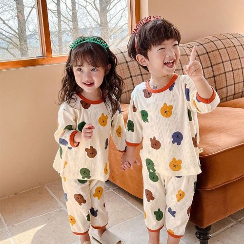 Children's pajamas summer thin section mid-sleeve round neck air-conditioning clothes men and women baby home clothes pure cotton suit girls children's clothing