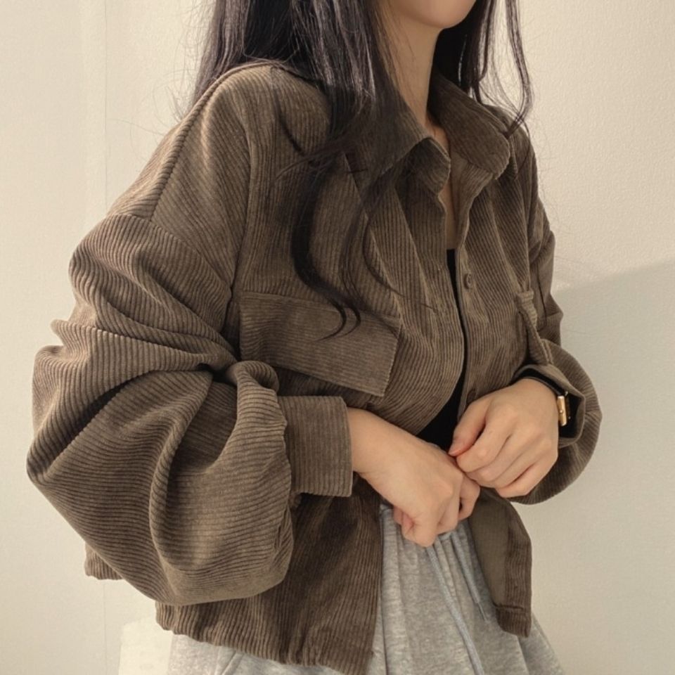 Chic autumn and winter French retro loose all-match single-breasted lapel short corduroy shirt jacket women's fashion