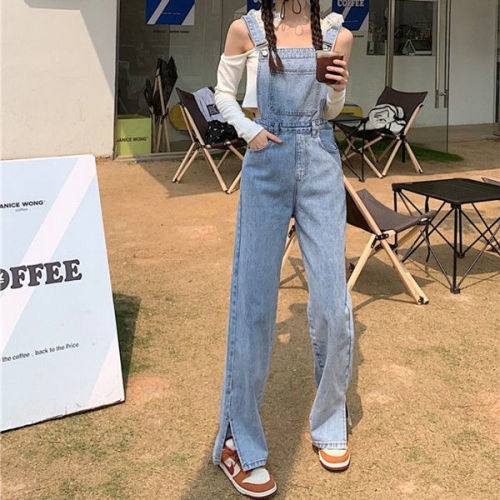 Student age-reducing denim overalls women's 2023 autumn new straight side slit mopping pants look thin and loose wide-leg pants