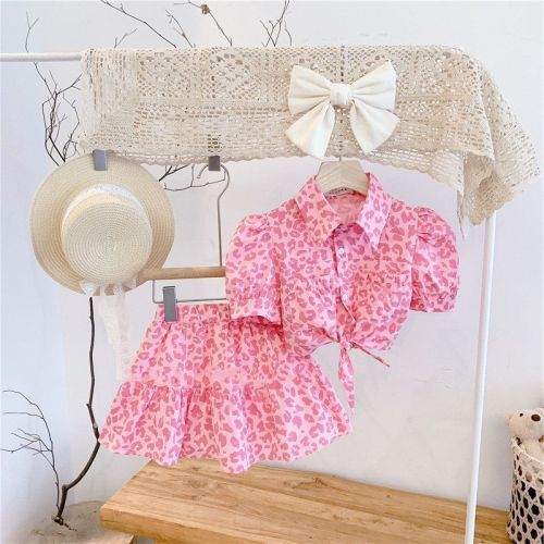 2023 spring and summer little girls bubble short-sleeved pink leopard top shirt shirt ruffled skirt western style two-piece set
