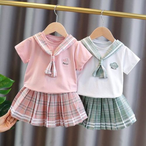 Girls' short-sleeved suit 2022 summer new foreign style jk uniform children's baby girl college style two-piece skirt set