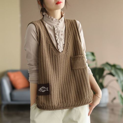 Cotton vest vest women's knitted  autumn new all-match outerwear V-neck loose vest