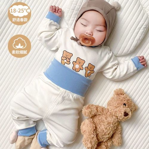 Infant pure cotton underwear set 0-4 autumn and winter male baby pajamas home clothes children's warm belly protection two-piece set