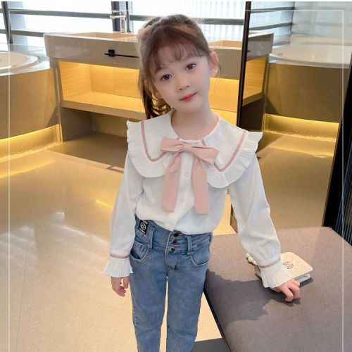 Girls white shirt spring and autumn new children's clothing girl big boy foreign style Korean version girl children's shirt pure cotton long-sleeved top