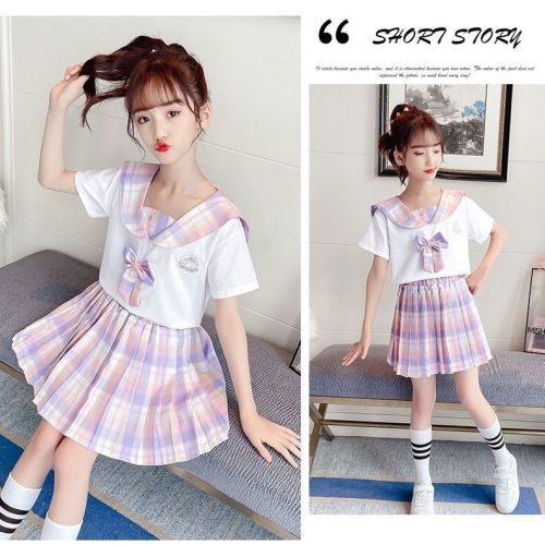 Girls summer suit new 2022 short-sleeved rabbit ears children's JK uniform skirt big children's pleated skirt college style