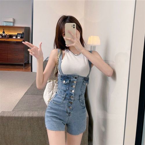 Breasted super high waist denim suspenders shorts  summer new French style slimming slimming age-reducing overalls women