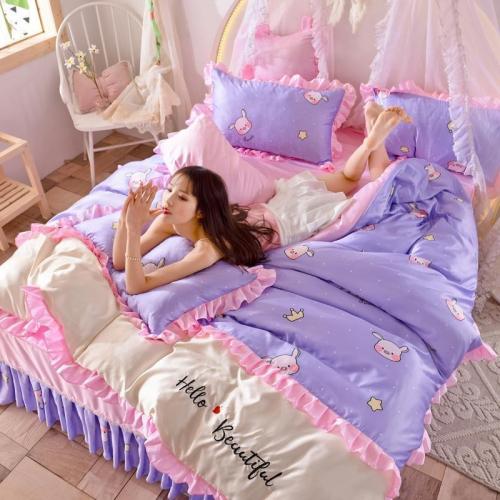 Summer Girl Heart Double-sided Ice Silk Four-piece Bed Skirt Model Naked Sleeping Silk Slippery Washed Silk Bedding Three-piece Set