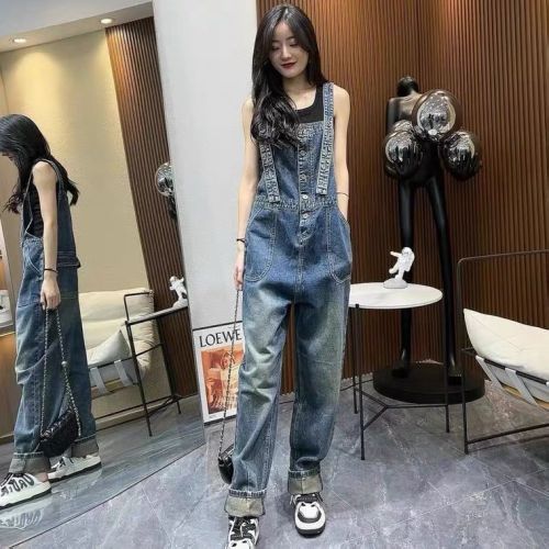 Jumpsuit women's autumn new loose jeans retro three-dimensional pocket straight overalls