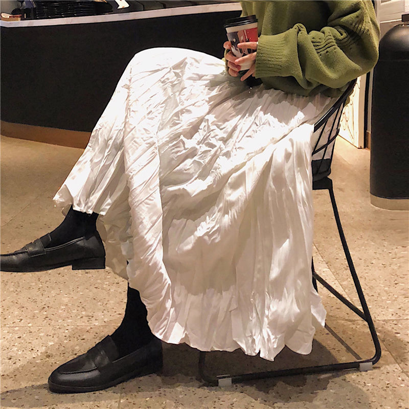 White mid-length pleated skirt women 2023 new spring and autumn winter double-layer high waist super fairy slim pleated skirt