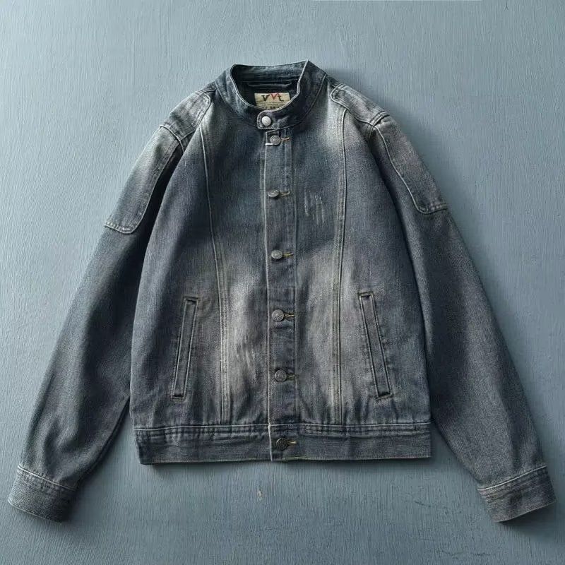 Retro Distressed Motorcycle Denim Jacket Men's European and American Washed Personality Button Collar Stand Collar Trendy Casual Stitching Jacket