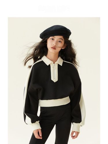 Girls college style custom double cotton piqué Polo collar top autumn coat black and white casual short sweater