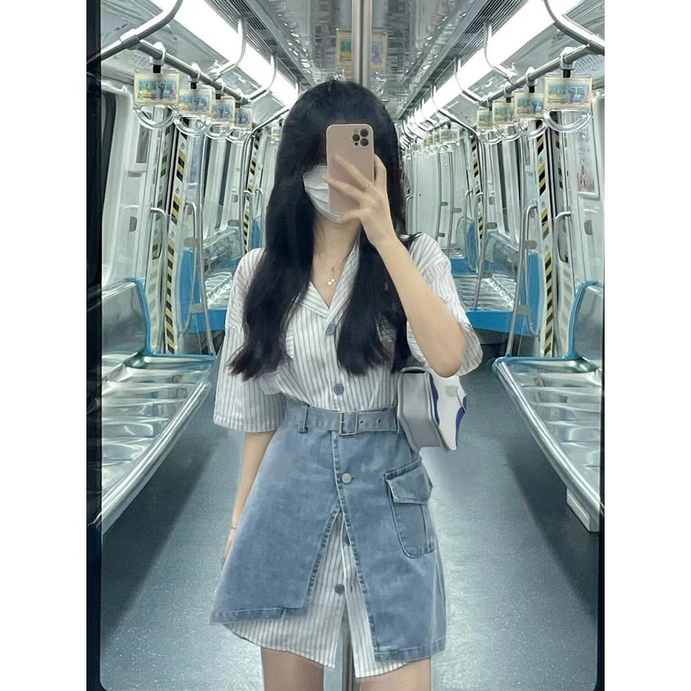 Women's Fashion Western Style Suit 2023 Summer New French Striped Short-sleeved Shirt + Denim Tunic Skirt Two-piece Set