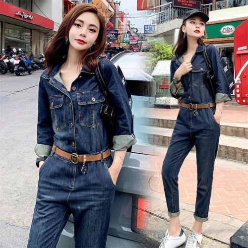 Retro tooling denim long-sleeved jumpsuit spring and summer new personality non-mainstream self-cultivation slim jumpsuit trousers suit