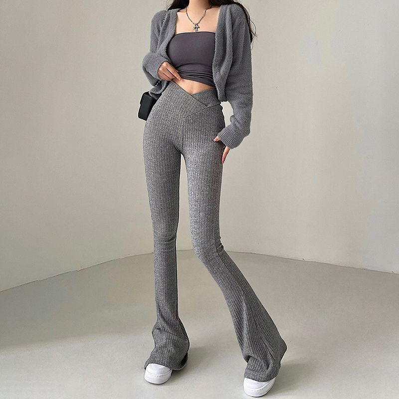 European and American basic knitted solid color slightly booted casual pants women's V-shaped waist thread tight sports yoga pants