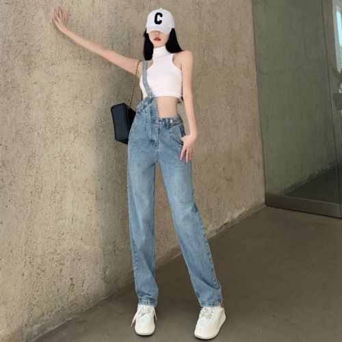 Diagonal shoulder one-shoulder suspenders  new super high-waisted trousers with a design sense niche jeans loose drape mopping trousers