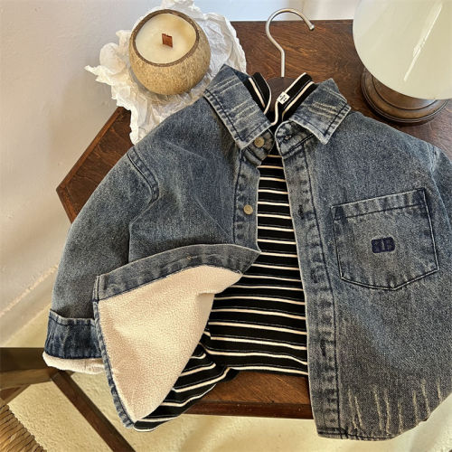 Children's denim jacket 2023 autumn and winter boys and girls plus cashmere thickened denim shirt made of old baby retro jacket