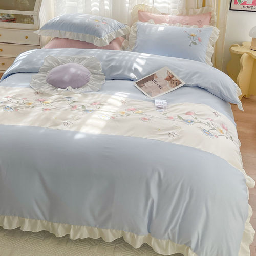 Princess wind ins washed cotton bed four-piece Korean girl lace quilt cover bed sheet four seasons universal three-piece set 4