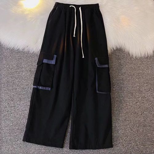 Street casual ruffian handsome straight large pocket overalls men's Korean version of the drape contrast color drawstring wide-leg trousers