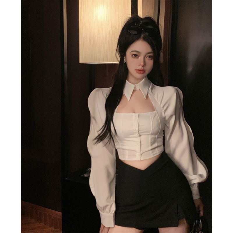 2023 spring new Korean version neckline hollow pure desire style short shirt slim slim long-sleeved shirt women