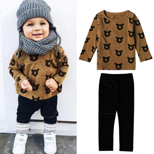 Girls and children's foreign trade Europe and America spring and autumn style bear pattern long-sleeved top + pants two-piece children's clothing ins