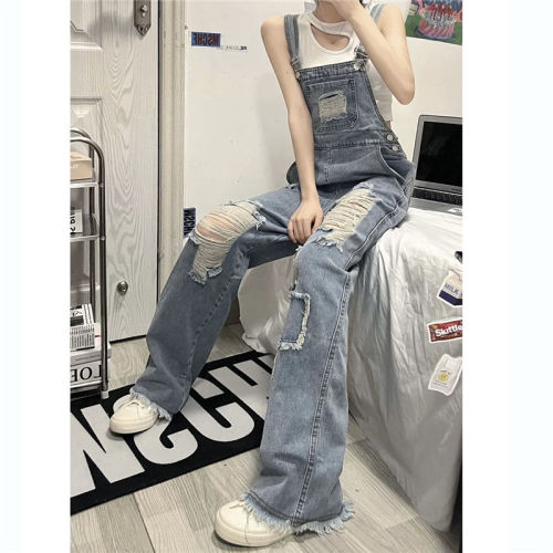 Sweet cool age-reducing denim overalls women's summer blue high-waisted straight-leg raw-edge trousers loose slim wide-leg pants