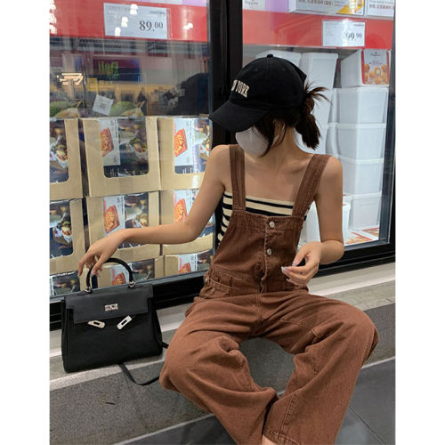 American brown denim overalls women's autumn and summer new niche retro jumpsuit loose mopping high waist wide leg pants