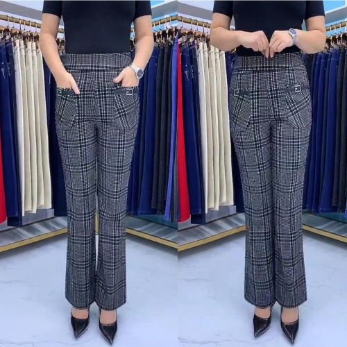 300 catties large size middle-aged and elderly elastic high-waisted casual pants women's summer fashion mother plaid striped micro-flared pants