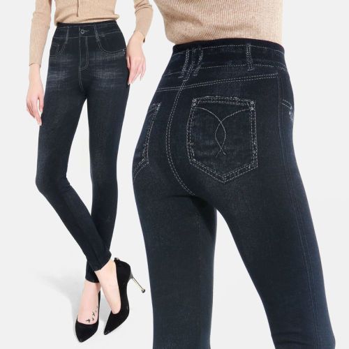 Spring and autumn new thin section large size imitation denim leggings women plus velvet fat mm outer wear high waist elastic printed pencil pants