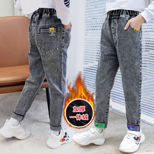Children's clothing girls elastic jeans spring new middle and big children Korean version of casual trousers winter clothing plus fleece children's pants