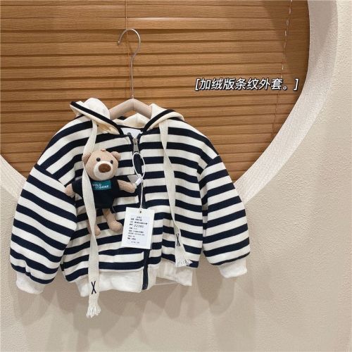 Brand discount tail stock clearance [with bear] girls' coat autumn and winter style plus velvet thick casual cardigan sweater