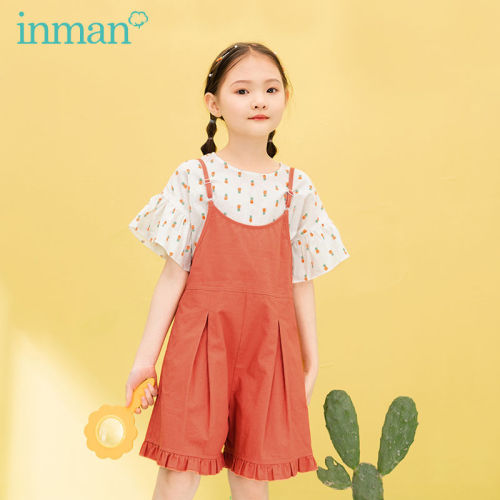 Inman children's clothing girl shirt strap shorts children's two-piece set 2022 summer new suspenders girls suit
