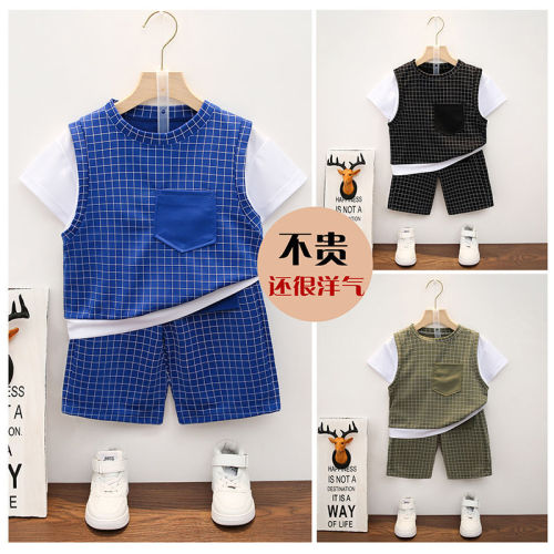 Boys' summer suit plaid suit boys and girls short-sleeved summer shorts big boy baby casual clothes two-piece set tide