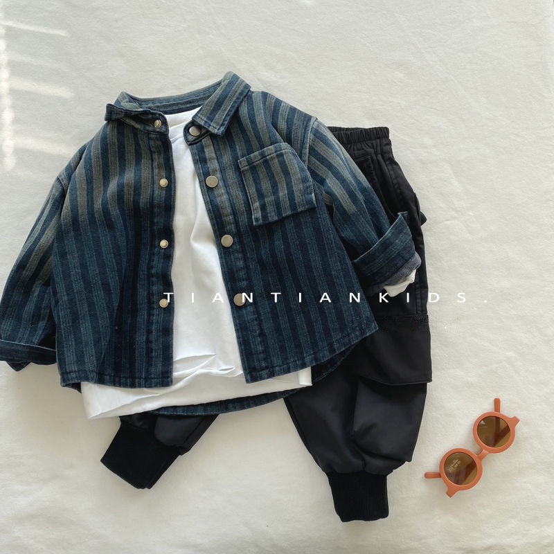 Boys' Korean style gradient denim jacket children's 22 autumn and winter girls' all-match plus velvet warm striped denim shirt