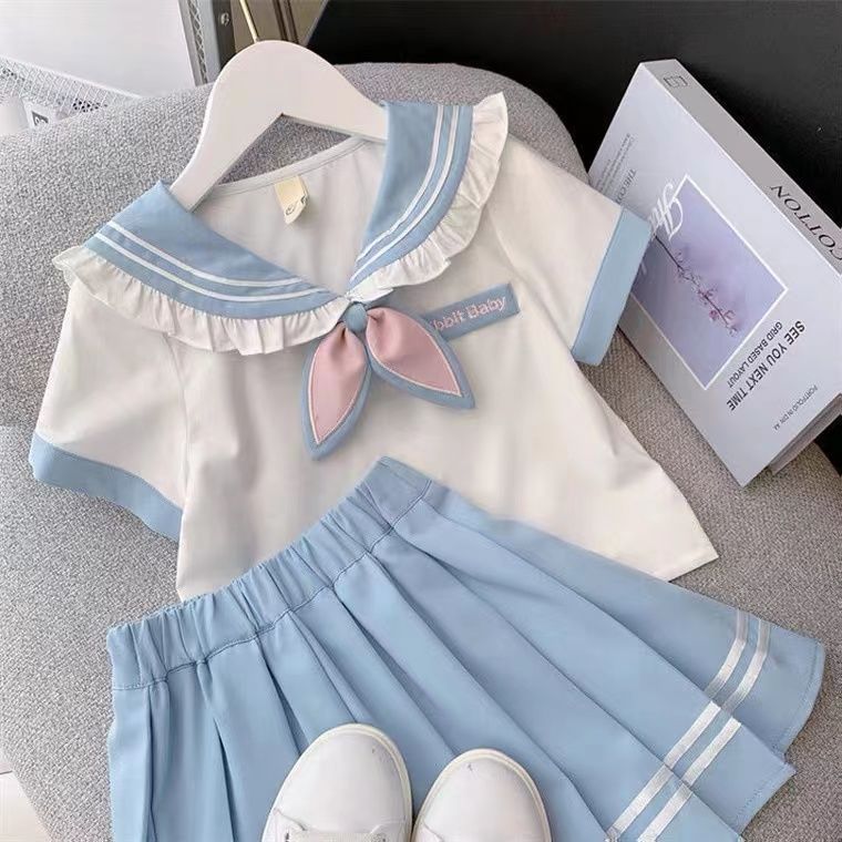 Girls college style skirt summer children's JK suit 2022 new style girl shirt pleated skirt two-piece set
