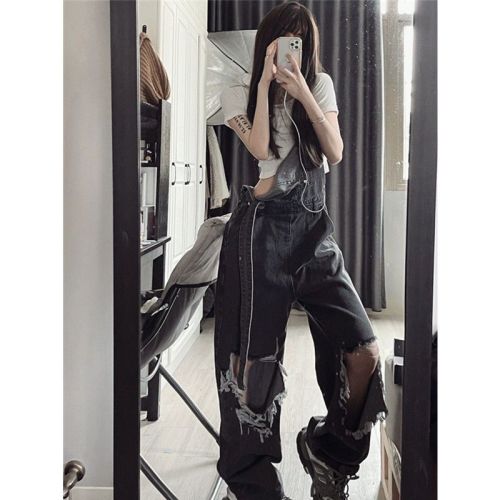 American ins ripped suspenders spring and summer new design sense niche wide-leg jeans slim jumpsuit tide