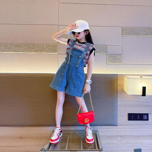 Girls' shorts suit summer overalls sleeveless striped jeans two-piece suit fashionable middle and big children 2022 new trend