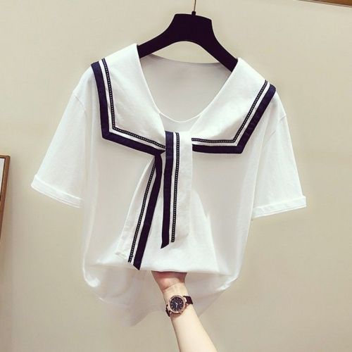 CUHK boys and girls college style tie 2021 summer new Korean version of the contrast color navy collar short-sleeved T-shirt casual top