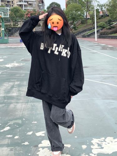 Middle and big children's American-style sweater women's spring and autumn thin section loose oversize letter love hooded long-sleeved top coat