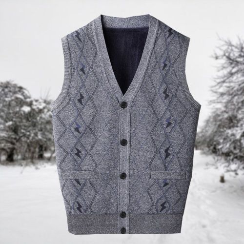 Middle-aged and elderly men's waistcoat men's knitted warm vest vest men's autumn and winter V-neck cardigan plus velvet thick vest