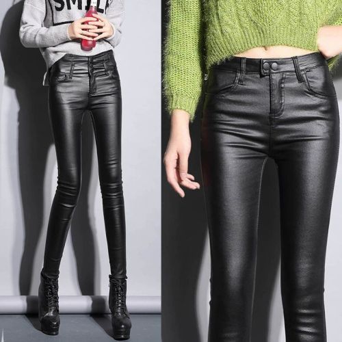 Matte leather pants women's 2023 spring and summer style plus velvet high waist elastic tight leggings women's autumn outer wear small feet long pants