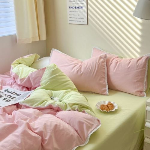 ins cure cream wind lace lace bed four-piece set simple quilt cover quilt cover dormitory bed sheet three-piece set