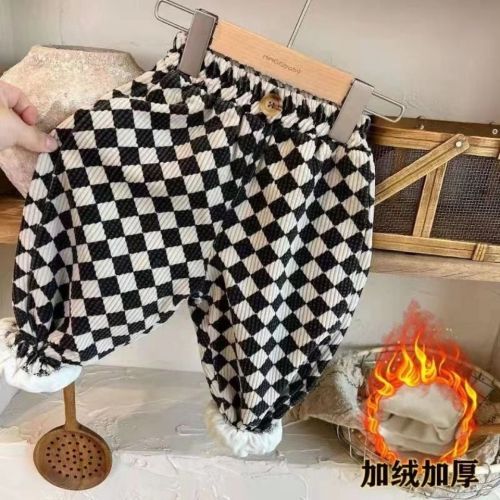 Boys and girls' trousers autumn and winter new style plus velvet thick Korean version of children's trousers net red children's plaid casual trousers tide