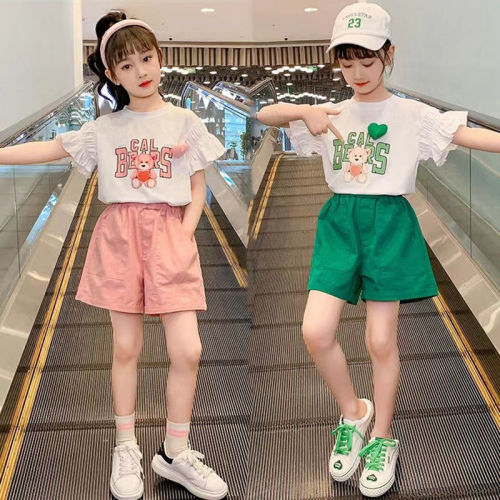 Girls' summer suit 2022 new children's foreign style net red short-sleeved medium and large children's clothing girl shorts two-piece suit trendy