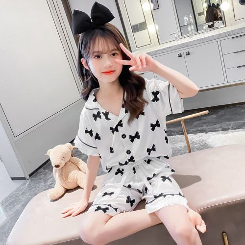 Girls ice silk pajamas set summer children's short-sleeved shorts summer home clothes little girl air-conditioning clothes