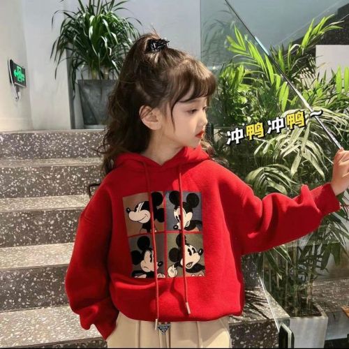 Unisex sister and brother children's fleece thickened Mickey cartoon hooded sweater casual loose top New Year's clothes