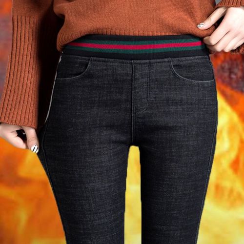 Plus velvet black jeans women's autumn and winter high waist elastic thickened pencil pants trousers all-match slim elastic waist pants