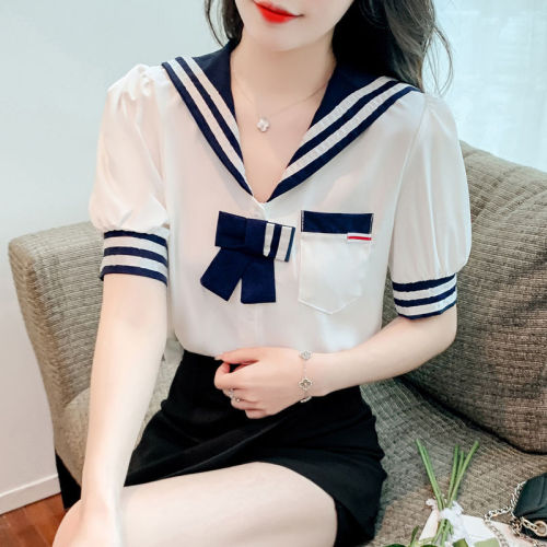 Striped navy collar short-sleeved shirt women 2022 summer new temperament net red age-reducing top high waist short shirt