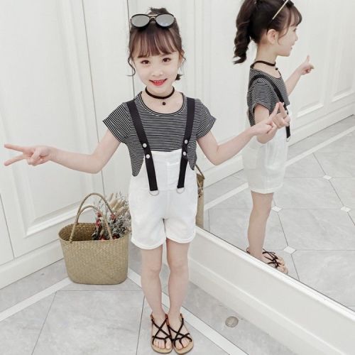Girls summer new suit children's middle and big children casual Korean striped short-sleeved denim shorts two-piece set