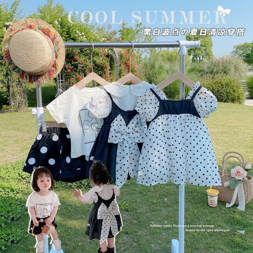 Mori girls' summer refreshing series 0-5 years old baby strap dress foreign style short-sleeved T-shirt polka dot shorts