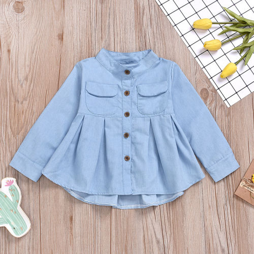 Girls' long-sleeved shirts, children's baby skirts, the latest stand-up collar cotton denim spring tops, children's clothing jackets